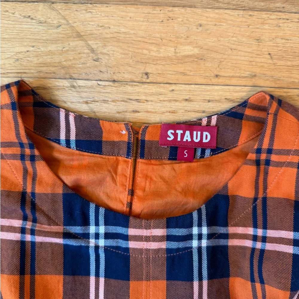 Staud Crosshill Dress in Poppy Plaid Orange Blue White - Picture 2 of 7